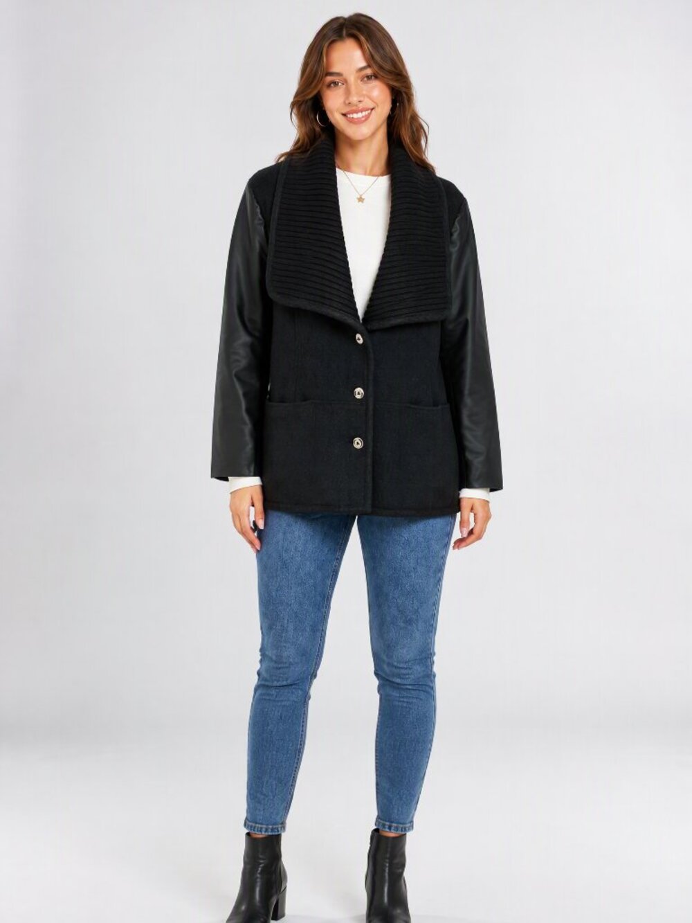 H by Halston Black Wool Shawl Collar Jacket with Leather Sleeves 12